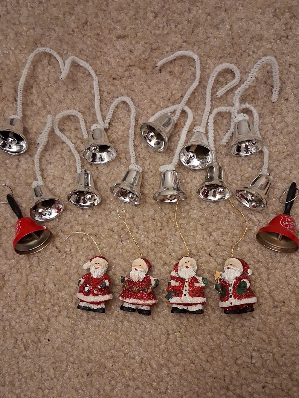 Holiday Santa Bell Ornaments - Red and Silver